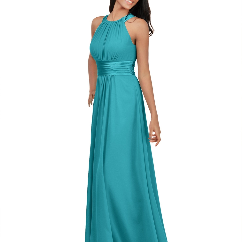 David's Bridal Blue Halter Maxi Gown